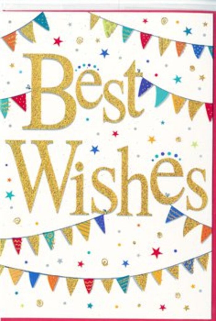 This congratulations card has the kind of joyful yet refined design that feels perfect for sharing good news within the Hoddesdon community. At the centre, the phrase Best Wishes is displayed in flowing golden script, with each letter gently raised from the surface to create a soft, tactile feel. The gold has a subtle, glittering quality, like fine dusting of shimmer, so the words catch the light and gleam against the smooth, white background. This central message feels both personal and celebratory, as if handwritten with care. Curving gracefully above and below the text, strands of bunting sweep across the card in gentle arcs, framing the words like festive garlands hung for a street party near Hoddesdon High Street. Each small triangular flag bursts with colour-striking reds, blues, greens, yellows, and pinks that bring to mind the variety of hues seen at local markets and summertime events. Some flags feature linear stripes, others clusters of tiny dots or simple geometric patterns, creating a pleasing mix of repetition and variation that feels handcrafted. Scattered throughout the space between these bunting lines are small stars and multicoloured confetti dots, lightly sprinkled across the white, giving the impression of movement and laughter, as if the air itself is full of celebration. The overall effect is bright but not overwhelming, combining playful detail with a clean, modern look. This card would suit many happy moments: offering congratulations on a new home near Rye Park, celebrating promotion or retirement, or simply sending encouragement before a big step. Paired with a fresh bouquet delivered in Hoddesdon, it helps convey warm wishes, pride, and genuine happiness in a radiant yet tasteful way.