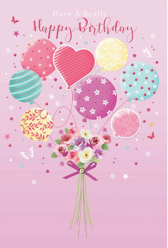 A sense of gentle jubilation flows through this illustrated birthday bouquet, as if it were inspired by the peaceful parks and friendly streets around Hoddesdon. Against a soft blush-pink backdrop, a loose cluster of balloons appears to float effortlessly upward, their ribbons converging in a delicate tether to a compact floral posy below. The balloons glow with shades of pale sunshine, rosy fuchsia, seafoam green, and lavender, each one carefully patterned with swirling stripes, scattered dots, or tiny floral motifs. The artist has given them a subtle sheen, suggesting daylight reflecting off their surfaces like balloons bobbing in a shop window. Below, the hand-tied bouquet anchors the scene: petite roses and daisy-like blooms nestle together in tones of cream, soft rose, and muted mauve, their petals softly shaded as though brushed by morning light over Barclay Park. You can almost imagine their fragrance - sweet, comforting, and quietly joyful - the kind of scent that lingers lightly in the air when a fresh delivery arrives at a Hoddesdon doorstep. A slim purple bow, knotted with a florist's care, cinches the stems, its elegant loops and trailing ends adding a note of refinement. Around the arrangement, whimsical butterflies flutter and tiny star-like specks float, as if celebrating alongside the flowers and balloons without disturbing the calm. The whole composition feels thoughtfully balanced: playful yet serene, detailed but never fussy, like a heartfelt birthday gesture captured in pastels and petals, perfect for making the recipient feel truly seen, valued, and celebrated.