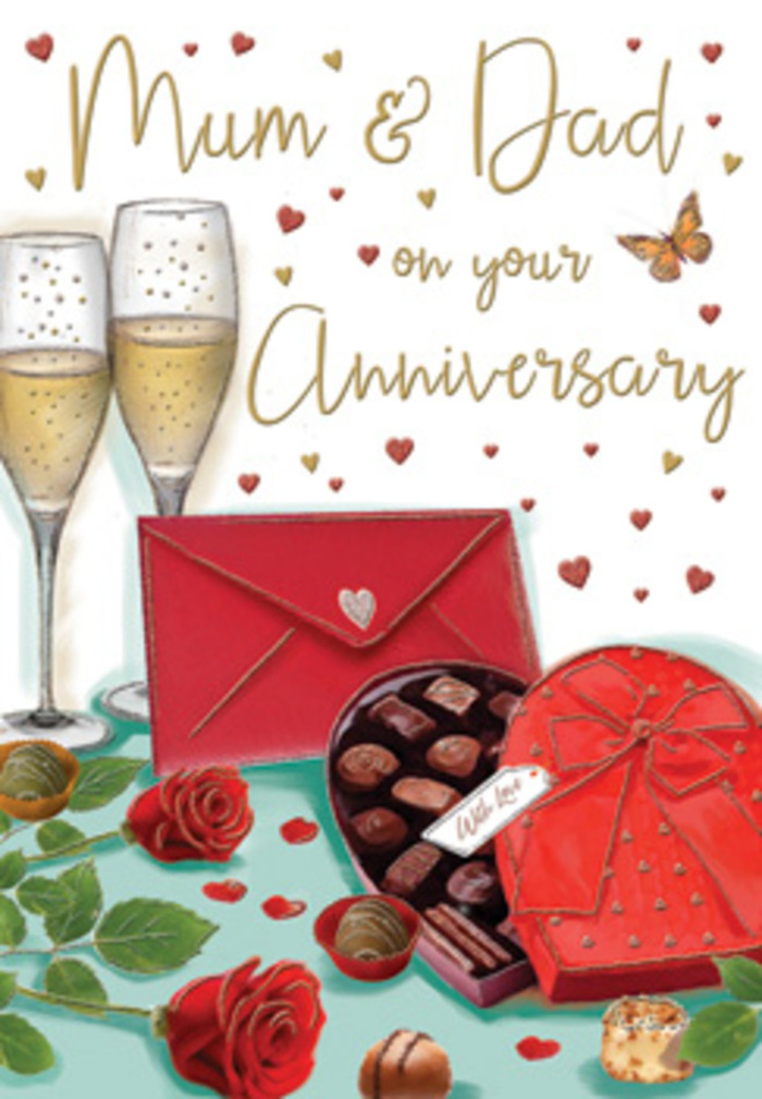 This anniversary card illustration offers a luxurious little vignette that feels like the start of a family toast in Hoddesdon. Front and centre, a pair of slender champagne flutes stand side by side, their delicate stems rising from an unseen surface, each glass filled with golden sparkling wine. The bubbles inside are carefully drawn, suspended mid-rise, suggesting that the glasses have just been poured and are waiting to be raised in honour of Mum and Dad. In the foreground, lush red roses rest along the table, their petals rendered in rich, velvety layers, almost touchable, as if they've just arrived from a local florist to mark a special milestone. The deep red of the blooms flows naturally into the colour of a heart-shaped box of chocolates beside them. This box, smooth and glossy, is topped with an opulent red bow that curls and twists in generous loops, catching gentle highlights that give it a three-dimensional feel. The lid is partially open, revealing carefully arranged chocolates within, each piece distinct, inviting thoughts of shared late-night treats after a celebratory meal in a Hoddesdon home near the town centre. Tiny heart motifs in gold and crimson scatter across the background, surrounding the softly scripted Mum & Dad greeting and adding a sense of movement and joy, like a sprinkle of confetti caught in warm lamplight. A rich scarlet envelope, neatly sealed, lies nearby, hinting at personal words of love and thanks from children or grandchildren. The colour palette blends warm golds, deep reds, and gentle creams, creating an atmosphere of cosy romance and gratitude, a visual tribute to the enduring partnership being honoured.