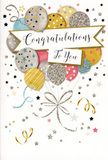 This joyful congratulations card looks like a snapshot of a party captured in delicate illustration, the kind of design you might tuck into a bouquet before delivering good news across Hoddesdon. A generous bouquet of balloons rises from the bottom half of the card, with each balloon softly rounded and shaded to appear gently inflated. The colours are refined yet playful: shimmering gold, bright silver, champagne tones, sky blue, rosy blush pink, and calming grey. Each balloon is decorated with its own expressive pattern-some with tiny scattered stars, others with slender glittering stripes, and a few with a dusting of sparkling specks-so the eye moves naturally from one to another, much like it would across varied blooms in a floral arrangement. Slender gold and silver strings trail down from the bases of the balloons, looping and curling with rhythmic grace and then converging just out of sight, giving the sense of an invisible hand holding the bouquet. Around this central cluster, small metallic stars, confetti dots, and swirling ribbons drift freely across a pale background, adding a playful feeling of movement, like confetti floating in the air after a toast in a local Hoddesdon restaurant. Cutting across the centre is a softly arched banner that appears to rest lightly on the balloons. On it, the words Congratulations To You are written in smooth, decorative calligraphy that feels both classic and warmly personal. The entire composition feels bright yet not overpowering, using white space to let the metallic accents and gentle colours shine. From a florist's perspective, it's the perfect card to sit alongside a hand-tied bouquet when someone has passed an exam, started a new job, or achieved something that fills you with pride, capturing the essence of celebration in both image and sentiment.