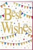 This Best Wishes card looks like a snapshot of a joyful gathering, the kind of sentiment you might send alongside flowers arriving at a home close to Barclay Park in Hoddesdon. In the middle of the card, the words Best Wishes are written in elegant golden script, the letters slightly raised so they can be felt beneath the fingertips and seen catching the light with a gentle sparkle. The gold has a rich, warm tone, standing out clearly against the bright white background, making the message the unmistakable focal point. Framing this central text, arcs of colourful bunting drift across the top and bottom edges of the card like festive ribbons strung between lamp posts. Each little triangular flag is painted in a vibrant shade-lively blues, cherries, grass greens, sunshine yellows, and soft pinks-that call to mind the cheerful colours of stalls and shopfronts in Hoddesdon's town centre. The flags are decorated with simple patterns-neat stripes on some, tiny dots or mosaic-style markings on others-adding a playful, handcrafted feel. Scattered in the spaces between the bunting strands are small stars and round confetti-like dots in coordinating colours, as though a handful of confetti has just been tossed into the air to mark a special moment. The layout leaves plenty of white space, keeping the whole design fresh, modern, and easy to read while still feeling thoroughly celebratory. This card is ideal for congratulating someone on exam success, a new job in town, a new baby, or a move to a new home around Hoddesdon. When paired with fresh flowers delivered locally, it adds a bright, golden note of encouragement, pride, and heartfelt best wishes.