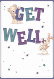 Overflowing with cheer and sincere encouragement, this get well card scene features a lovable teddy, its soft fur aglow in warm tones, perched loyally beside a floppy-eared puppy. Together, they cradle and balance the bold, inviting letters spelling out 'Get Well,' rendered in deep indigos and bright teals that dance across the card with a lively spirit. Set against a creamy white background reminiscent of light spilling into a Hoddesdon shop window, the illustrated friends radiate warmth and gentle optimism. Starbursts in variegated blues and purples twinkle across the surface, infusing the design with whimsy and a sense of healing hope, much like the community's bright market days. The textures of fur are so delicately rendered that you can almost feel the bear's embrace or the puppy's soft nuzzle-a tactile comfort just as soothing as a florist's carefully assembled bouquet. This card, perfect for sending heartfelt good wishes to anyone recovering in Hoddesdon, is a touching visual reminder of the simple joys of kindness and the restorative power of thoughtful connections shared across this caring Hertfordshire town.