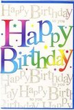 This birthday card design feels like a joyful splash of colour against a calm Hoddesdon morning. At the centre of the composition, the phrase Happy Birthday unfurls in broad, easy-to-read letters that stretch almost from edge to edge. Each letter is rendered in a vivid hue, assembling a full rainbow across the greeting: deep cherries and fuchsias at the start, flowing into violets and midnight blues, then into lagoon greens, lime tones, and finally golden yellows and peachy oranges. The shading inside each character suggests a soft blend, giving the impression of airbrushed or ink-washed colour rather than flat printing, much like petals transitioning in a mixed bunch of flowers. Behind this commanding text, the card's background is alive with a whisper of repeating golden words, Happy Birthday to you, written in graceful cursive that winds rhythmically across the surface. The fine strokes look as though they were drawn with a metallic gold pen on smooth card, catching and reflecting light in a gentle, refined sparkle. Scattered lightly around the main lettering are minuscule multicoloured stars and dots that enhance the celebratory feel without making the design overly busy, echoing the sense of confetti drifting to the floor after a birthday toast. The overall palette is bright yet carefully controlled, making the card appropriate for both playful and more formal celebrations. It has the look of something chosen with thought and affection, the ideal companion to a fresh birthday bouquet sent to someone special in Hoddesdon. Propped up on a mantelpiece or dining table, it would serve as a colourful focal point, quietly reminding the recipient that this is their day to be celebrated.