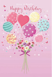 This dreamy birthday artwork depicts a whimsical celebration set against a soft pink background, reminiscent of a pretty card selected from a favourite Hoddesdon boutique. A cluster of pastel balloons rises from the centre, each one distinct yet harmoniously coordinated in tones of blush, teal, lemon, and lilac. Their glossy surfaces catch a gentle, diffused light, and unique patterns give each balloon its own character: some twist with candy-coloured stripes, others gleam with playful polka dots, while one heart-shaped balloon glows at the centre, suggesting affection and warmth. The balloons appear to be lifting a dainty bouquet that sits at the base, its flowers drawn with the delicacy of a fresh arrangement prepared for a local birthday delivery. Roses and anemone-like blooms gather in shades of creamy ivory, soft pink, and muted mauve, their petals layered and feathery, hinting at a tender, comforting texture. A violet satin bow ties the stems together, its sheen echoing the shine on the balloons, just as a florist might carefully finish a hand-tied gift destined for a Hoddesdon doorstep. Scattered around the design are tiny stars and fluttering butterflies, adding a hint of fairy-tale magic without overwhelming the peaceful mood. The entire composition feels airy and light, as though it could drift gently above the rooftops of Hoddesdon, carrying with it the imagined scent of fresh flowers and the quiet thrill of a birthday wish made with love and attention to detail, perfect for marking a special day with softness and joy.