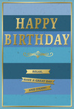 The scene shows a polished birthday card whose thoughtful design would pair perfectly with a fresh floral delivery anywhere in Hoddesdon, from homes along the High Street to quieter side roads. The card's background is composed of broad, smooth horizontal stripes in layered blues: deep navy at one side, shifting through rich marine and denim, then easing into teal and finally a light, airy sky blue. These stripes give the impression of stacked layers of calm, like waves gently receding toward the horizon. Boldly centered on this tranquil backdrop, the phrase HAPPY BIRTHDAY is embossed in large, capital letters of gold foil. The metallic letters rise slightly from the surface and catch the light with a gentle, celebratory shimmer, their classic font lending an air of timeless simplicity. Just below the headline greeting sits a delicate golden flourish, a curved ornamental line with balanced scrolls at each end, acting as a bridge between the main text and the sentiment below. Under this flourish, three slim golden ribbons are neatly stacked, each ribbon a long, narrow banner with pointed ends. Together they spell out a relaxed, friendly wish: Relax, have a great day and enjoy! The gold of the banners matches the headline lettering and flourish, unifying the design. Encasing everything, a fine gold line runs around the edge of the card, forming a precise border that frames the blues inside. The card stock looks smooth and slightly velvety, with the embossed areas adding gentle texture you can imagine under your fingertips. Overall, the card gives the impression of a peaceful yet joyful birthday greeting, understated and thoughtfully composed.