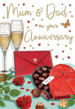 In this beautifully composed anniversary card, the scene feels like an intimate celebration prepared for Mum and Dad in a Hoddesdon home. Two tall champagne flutes stand close together at the centre, drawn with slender stems and clear bowls filled with pale, sparkling gold. Inside each glass, bubbles cluster and rise, frozen at different heights as though caught in the moment just before a loving toast. Nestled in front of the flutes are velvety red roses, their petals full and richly shaded, giving the impression of freshly cut flowers arranged with care, the kind often chosen from Flowers Hoddesdon for an important family milestone. To one side, a heart-shaped chocolate box in deep crimson sits open, revealing neat rows of chocolates, each rounded or squared, with subtle highlights that suggest smooth, glossy surfaces. A dramatic red bow crowns the box, its ribbon folds soft and generous, adding a sense of indulgence and occasion. Scattered across the illustration, delicate heart shapes in gold and ruby red float around the hand-lettered Mum & Dad message, which rests proudly above the central still life like a title to this moment of celebration. A scarlet envelope lies nearby, angled just so, its flap firmly closed, suggesting heartfelt words tucked safely inside, waiting to be read after the champagne is poured. Warm, glowing light seems to bathe the entire composition, softening shadows and deepening the reds and golds, much like the cosy evening glow along Hoddesdon's quiet streets. The image as a whole radiates affection, gratitude, and the sweet, shared pleasures that define a lasting marriage.